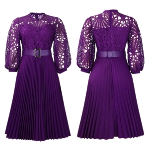Detail of purple lace hollow-out bodice and pleated skirt with lantern sleeves