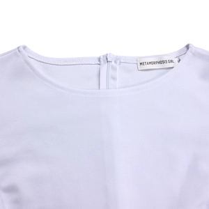 Detail view of the white round neckline with hidden zipper and fine stitching on the back