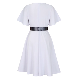 Rear view of an elegant dress with flared sleeves and a contrasting black waist belt