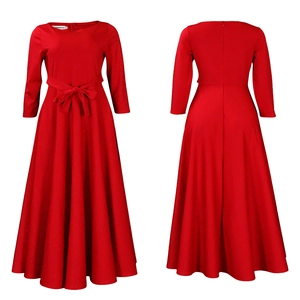 Detailed front and back views of a red long sleeve maxi dress with tie waist bow decoration