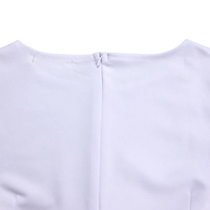 Detail shot of the back neckline with a seamless hidden zipper on a white knitted dress