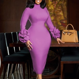 Detail of 3D floral embellishments on sleeves of a slim-fit dark purple midi dress