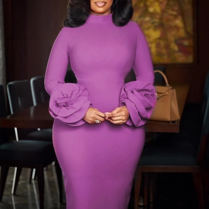 Detail of elegant purple dress showing high neck and 3D floral cuff decorations