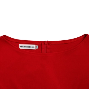 Detail view of the elegant red dress neckline with a discreet matching zipper closure