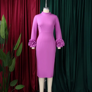 Detailed view of lavender long sleeve dress featuring an elegant 3D flower cuff decoration