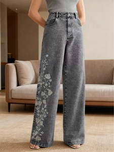 Women Casual Floral Embroidery High Waisted Denim Jeans Wide Leg Straight Pants Acid Wash Grey Commuting Long Trousers