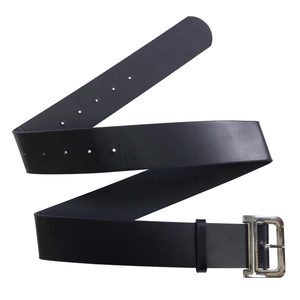 Close-up of black leather belt with silver D-shaped metal buckle on white background