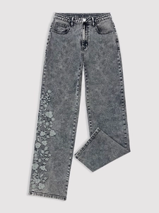 High-waisted washed gray denim jeans with floral embroidery and straight-leg fit