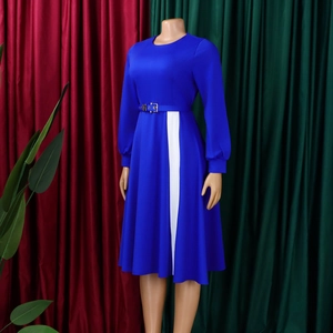 Detail of royal blue high waist dress featuring white side panel and matching belted waist