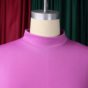 Detailed view of mock neck design and 3D floral texture on slim fit long sleeve dress
