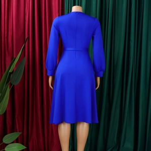 Detailed back view of a royal blue elegant long sleeve dress with invisible zipper