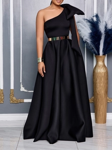 Elegant black one-shoulder evening gown with bow detail and gold belt for formal events
