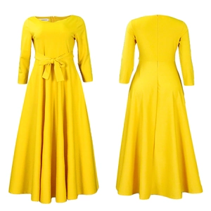 Detailed front and back view of long-sleeved yellow maxi dress with waist tie and pleated hem