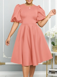 Robe Maxi Élégante pour Femmes Col Rond Manches Bouffantes Ligne A Taille Haute Couleur Unie Polyester Été Soirée Banquet Fête