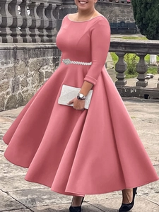 Elegant Women Solid Color A-Line Midi Dress With Faux Artificial Pearl Rhinestone Belt Three-quarter Sleeve Banquet Evening Party Gown