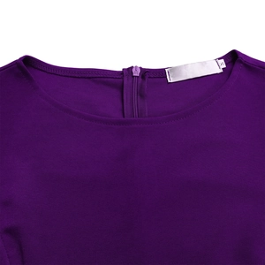 Detail of round neckline and invisible back zipper on purple bodycon dress