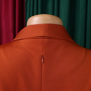 Detail of hidden back zipper and lapel collar on elegant solid rust orange dress