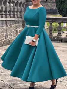 Elegant lake blue A-line evening dress with long sleeves and crystal-embellished waist