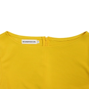 Detail of round neckline with seamless rear zipper on vibrant yellow knit fabric