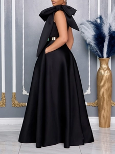 Elegant black satin one-shoulder maxi dress with a bow and gold belt detail