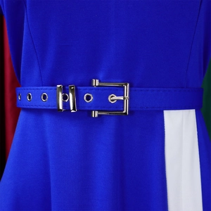Detailed close-up of blue dress waist with silver buckle belt and white side stitching