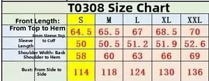Size guide table for T0308 denim shirt showing measurements for S to XXL sizes