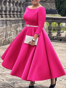 Elegant rose red long sleeve evening gown with sparkling crystal waist and flared skirt