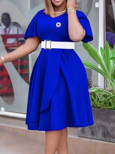 Elegant V Neck Ruffle Sleeve Midi Dress With Belt Solid Color A-Line Plus Size Fashion Party Commuter Dress For Women