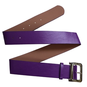 Close-up of purple leather belt with silver D-buckle and tan lining detail