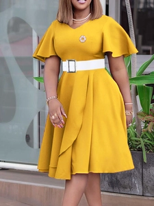 Elegant plus size yellow V-neck dress with ruffle sleeves and white belt for women