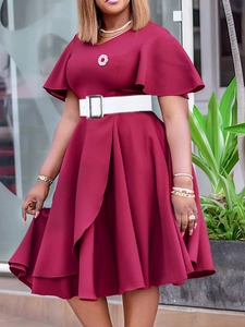 Elegant wine red V-neck dress with flared sleeves and a wide white waist belt
