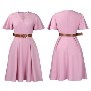 Front and back view of pink V-neck A-line dress with ruffles and a brown waist belt