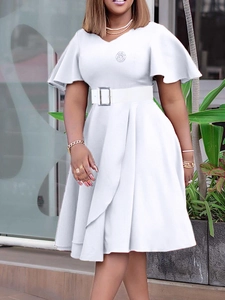 Elegant white plus size V-neck dress with ruffle sleeves and A-line skirt with belt