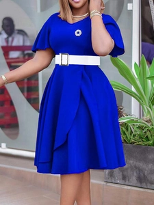 Royal blue V-neck A-line dress with ruffle sleeves and white wide belt accessory