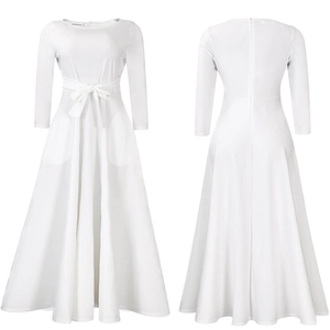 Front and back detail of white long sleeve maxi dress with waist tie and A-line skirt