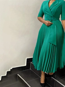 Robe Midi Plissée Élégante pour Femmes Avec Col Blazer et Ceinture Manches Trois Quarts Taille Haute Couleur Unie Robe de Bureau Fête