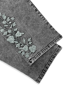 Slim fit grey floral embroidered denim jeans with vintage wash and wide leg style