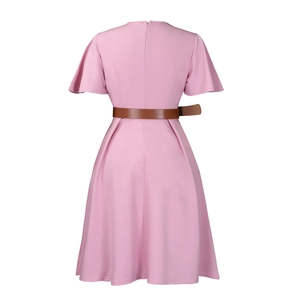 Back view of a pink V-neck A-line dress with ruffle sleeves and a brown faux leather belt