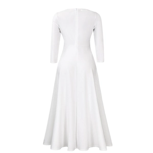 Detailed back view of a white long-sleeved maxi dress with hidden zipper and flowy skirt