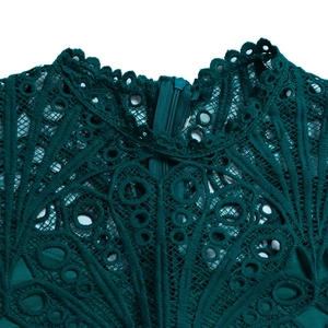 Close-up of dark green lace dress showing scallop patterns and invisible back zipper