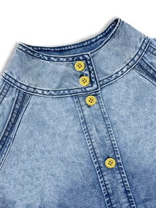 Retro light blue denim shirt with chic stand collar and premium gold metal buttons