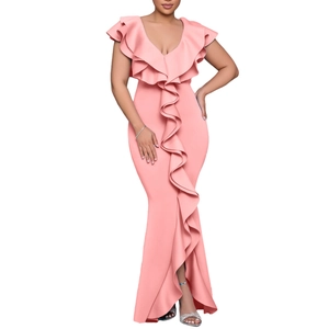 Detailed close-up of pink V-neck maxi dress with elegant ruffles and fishtail hemline