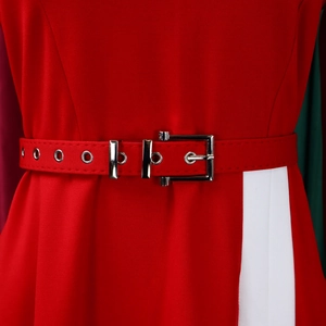 Close-up of red elegant dress waist featuring silver metal buckle and contrast color panel