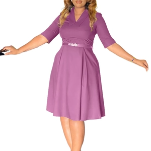 Detail of elegant purple shirt dress featuring a lapel collar and a thin matching belt