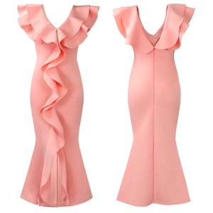Front and back detail of V-neck ruffled fishtail dress with concealed back zipper