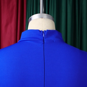Detailed close-up of the high neck and invisible back zipper on the blue knit dress