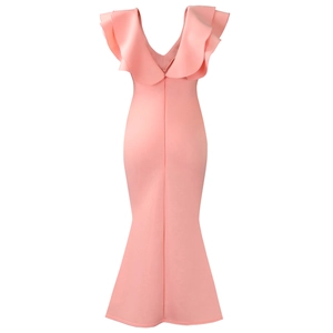 Detailed back view of peach pink V-neck mermaid dress with layered ruffle accents