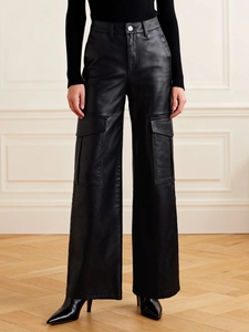 Women Black Faux Leather Cargo Pants Wide Leg High Waist Straight Trousers Casual Streetwear Workwear Cargo Pants With Pockets