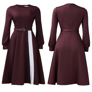 Front and back view of burgundy long sleeve dress with white contrast panel and belted waist