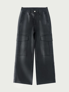 Women black faux leather cargo pants with wide leg fit and side flap pockets